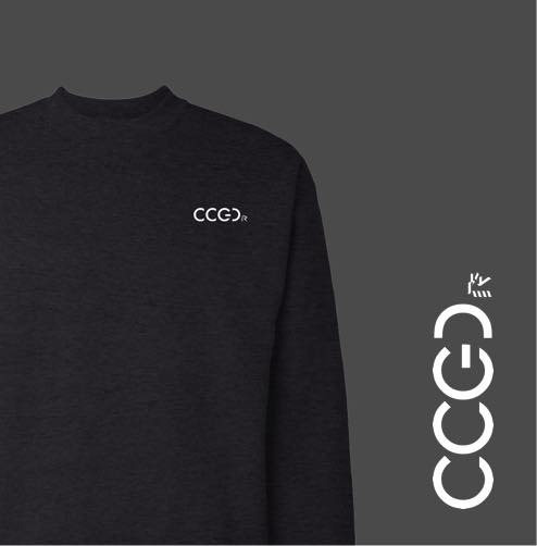 Black crew neck with white logo on the top left