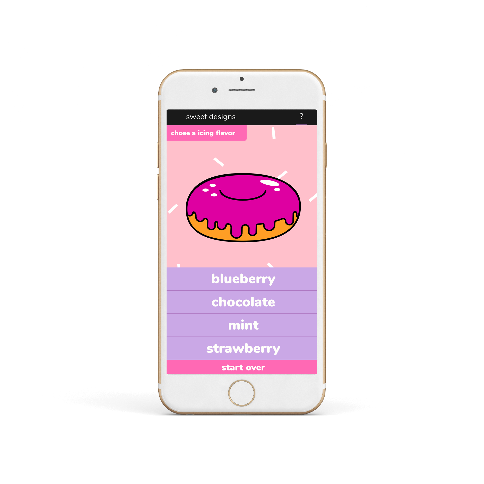 Sweet designs application displayed on mobile phone.